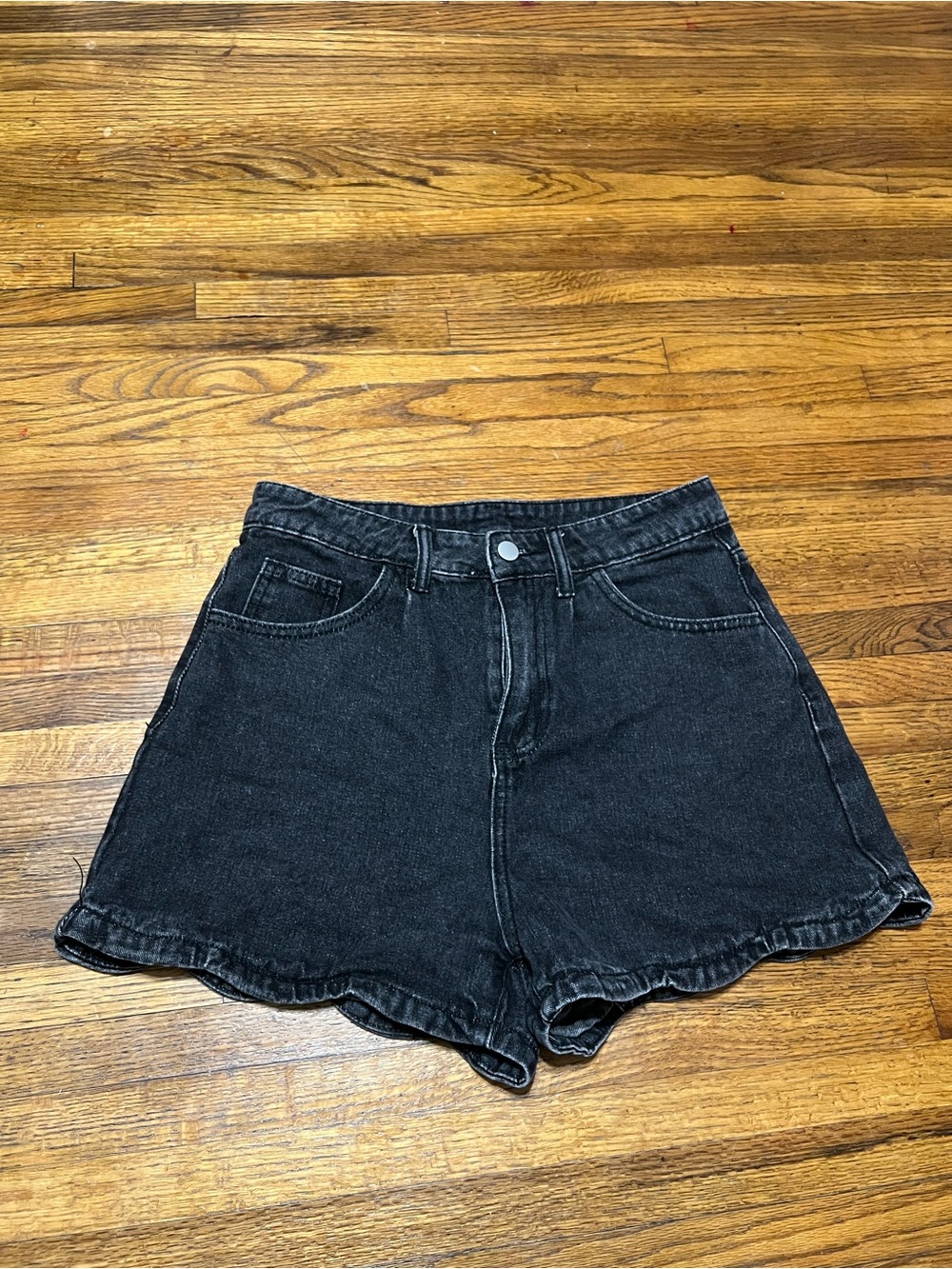 High-Rise Black Scalloped Hem Denim Shorts